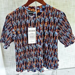 Wildfang Crepe Plisse Leopard Print Empower Boxy Blouse Top Small New $86 BxZ